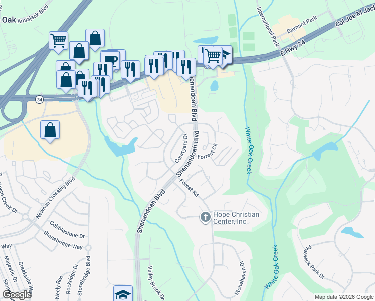 map of restaurants, bars, coffee shops, grocery stores, and more near 160 Courtyard Drive in Newnan