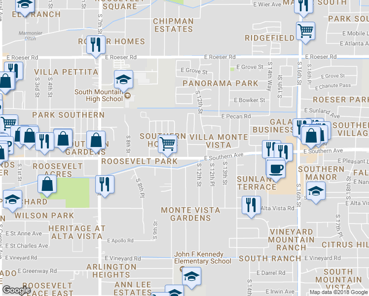 map of restaurants, bars, coffee shops, grocery stores, and more near 5818 South 11th Street in Phoenix