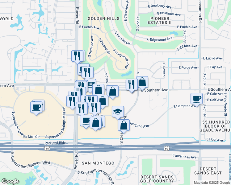 map of restaurants, bars, coffee shops, grocery stores, and more near 7035 East Southern Avenue in Mesa