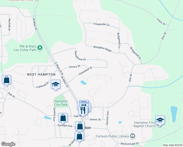 map of restaurants, bars, coffee shops, grocery stores, and more near 141 Fern Court in Hampton