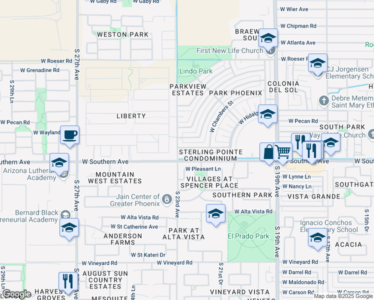 map of restaurants, bars, coffee shops, grocery stores, and more near 2257 West Hidalgo Avenue in Phoenix