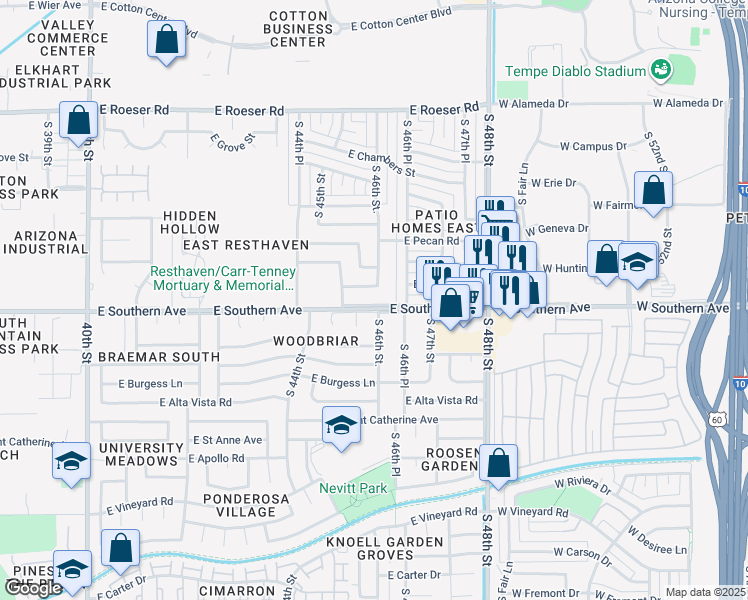 map of restaurants, bars, coffee shops, grocery stores, and more near 4608 East Southern Avenue in Phoenix