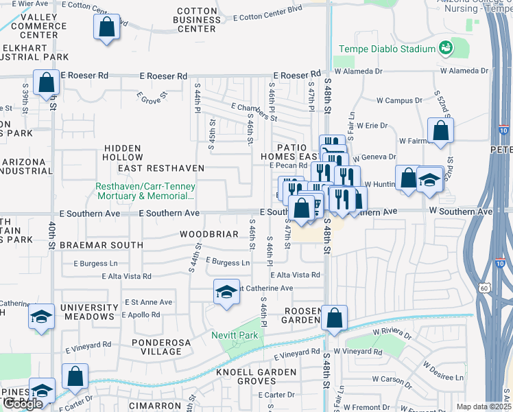 map of restaurants, bars, coffee shops, grocery stores, and more near 4608 East Southern Avenue in Phoenix