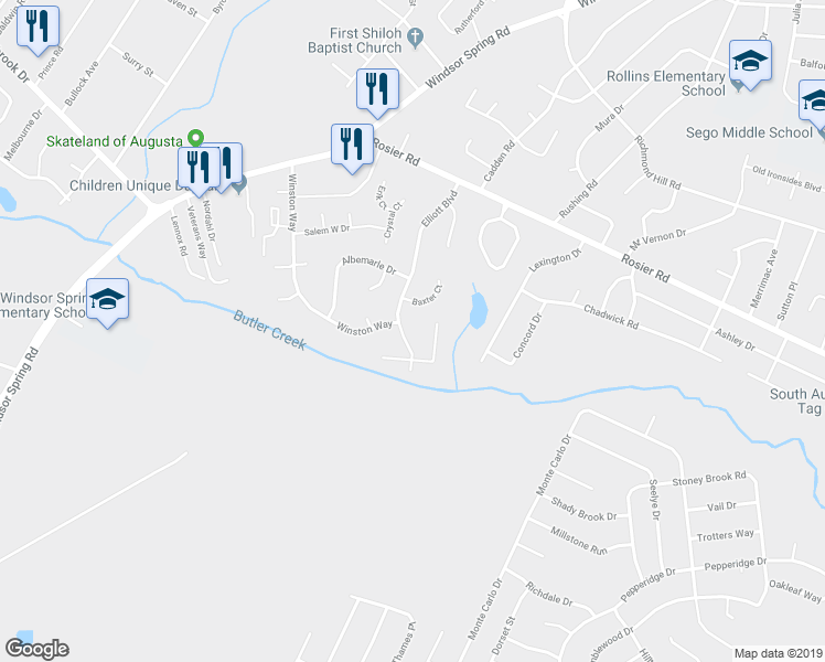 map of restaurants, bars, coffee shops, grocery stores, and more near 3636 Elliott Boulevard in Augusta