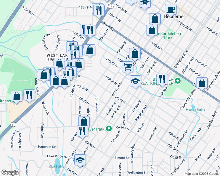 map of restaurants, bars, coffee shops, grocery stores, and more near 913 5th Ave N in Bessemer