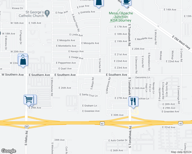 map of restaurants, bars, coffee shops, grocery stores, and more near 1036 East Yuma Avenue in Apache Junction