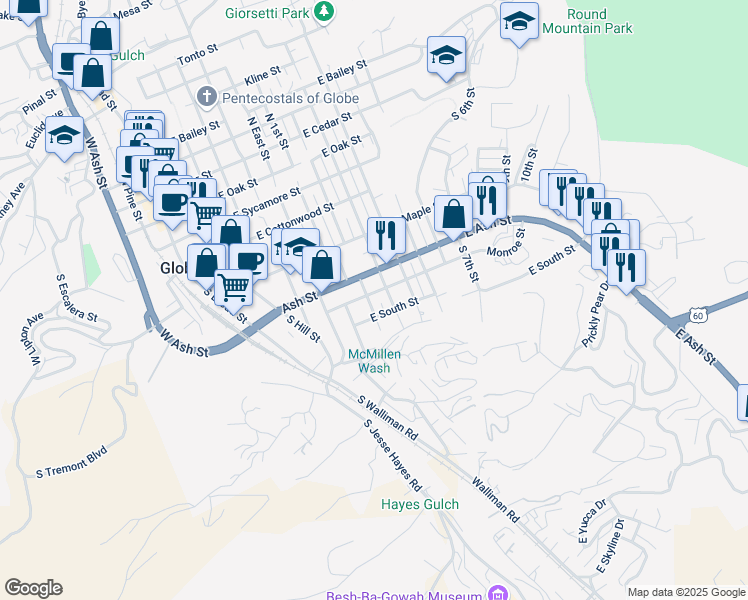 map of restaurants, bars, coffee shops, grocery stores, and more near 635 South 2nd Street in Globe