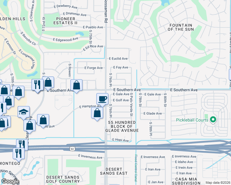 map of restaurants, bars, coffee shops, grocery stores, and more near 7634 East Gale Avenue in Mesa