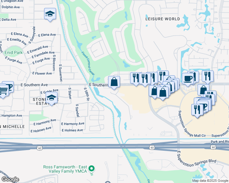 map of restaurants, bars, coffee shops, grocery stores, and more near 6001 East Southern Avenue in Mesa