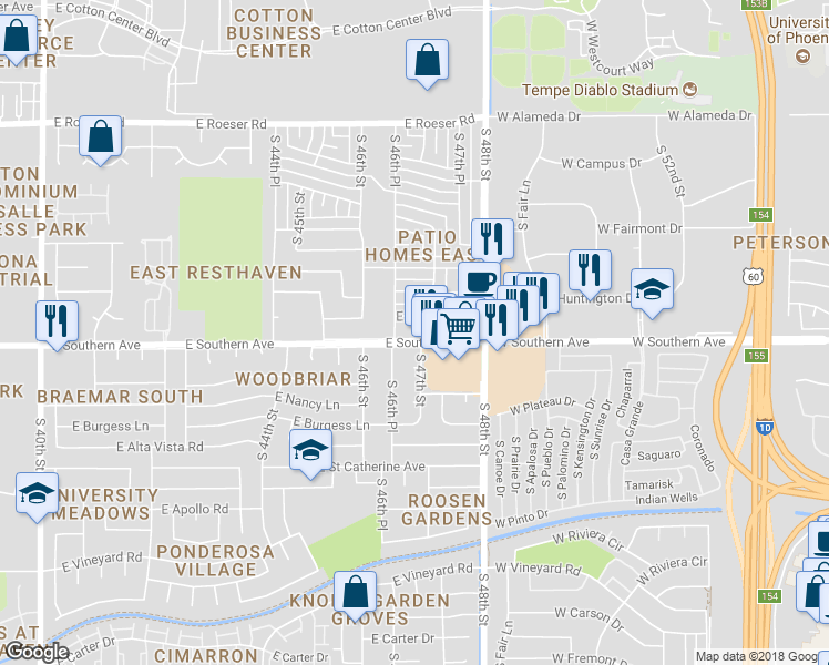 map of restaurants, bars, coffee shops, grocery stores, and more near 4634 East Southern Avenue in Phoenix