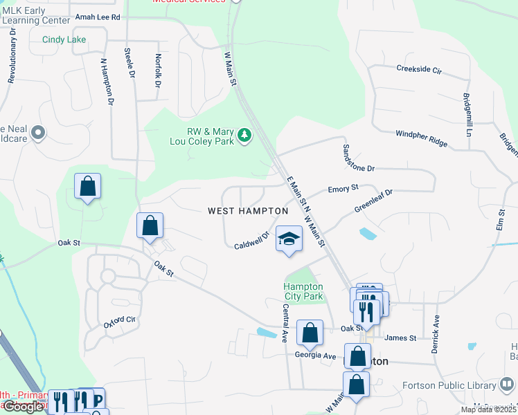 map of restaurants, bars, coffee shops, grocery stores, and more near 208 Belmont Drive in Hampton