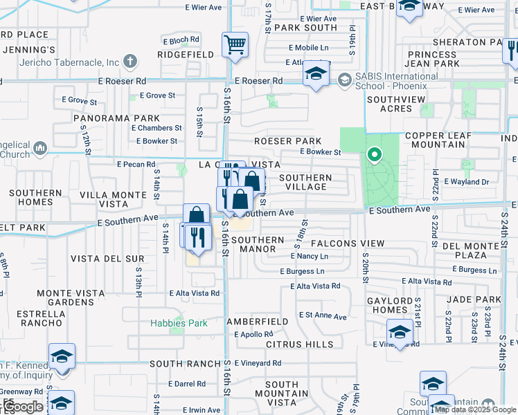 map of restaurants, bars, coffee shops, grocery stores, and more near 1644 East Southern Avenue in Phoenix