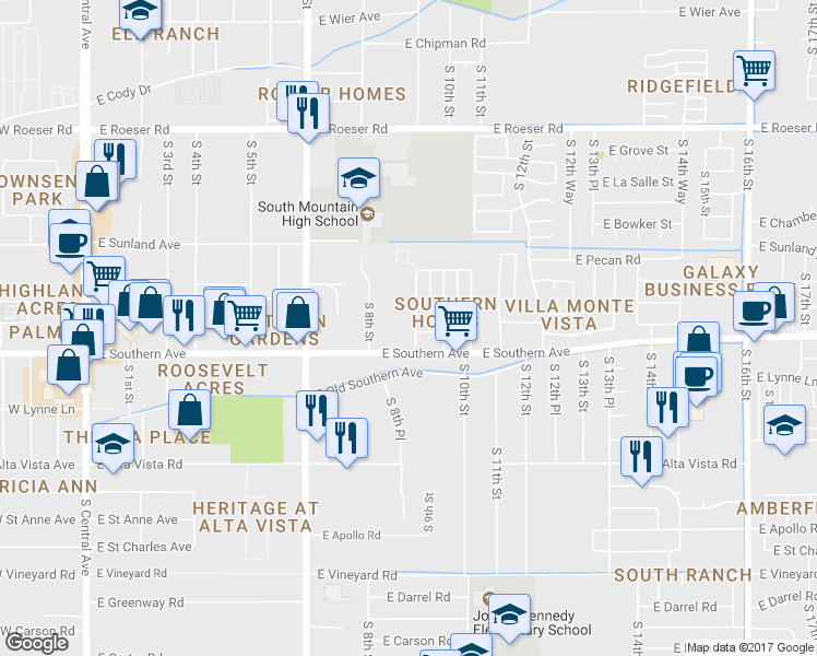 map of restaurants, bars, coffee shops, grocery stores, and more near 5830 South 9th Street in Phoenix