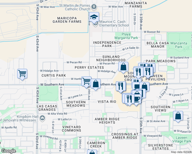 map of restaurants, bars, coffee shops, grocery stores, and more near 5824 South 38th Avenue in Phoenix