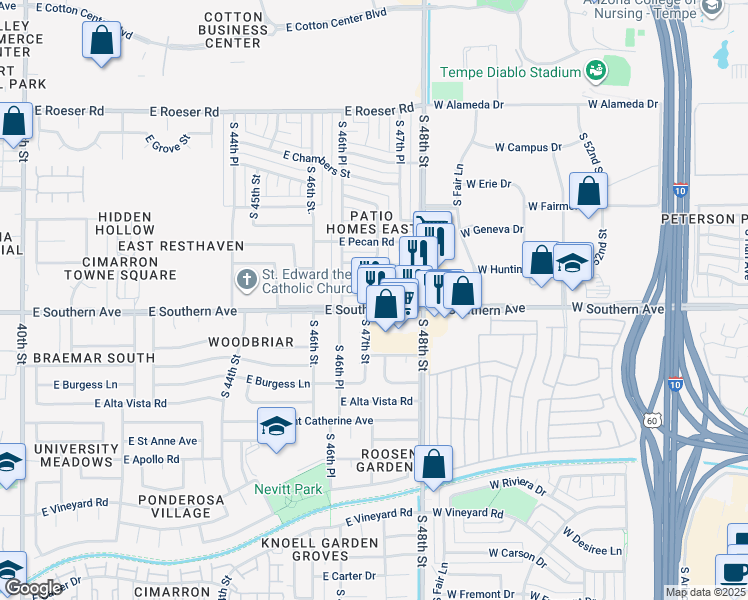 map of restaurants, bars, coffee shops, grocery stores, and more near 4634 East Southern Avenue in Phoenix