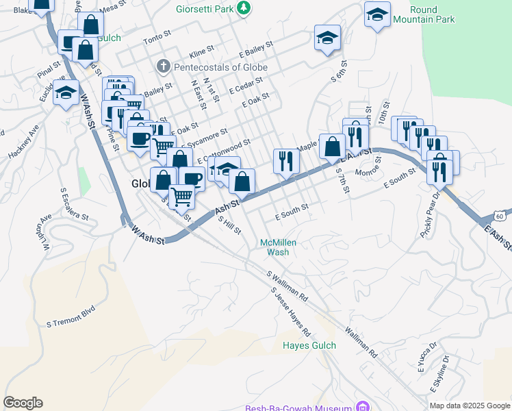map of restaurants, bars, coffee shops, grocery stores, and more near 721 Monroe Street in Globe