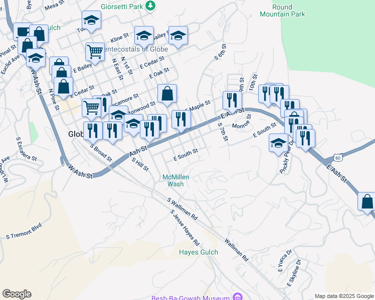 map of restaurants, bars, coffee shops, grocery stores, and more near 683 South 4th Street in Globe