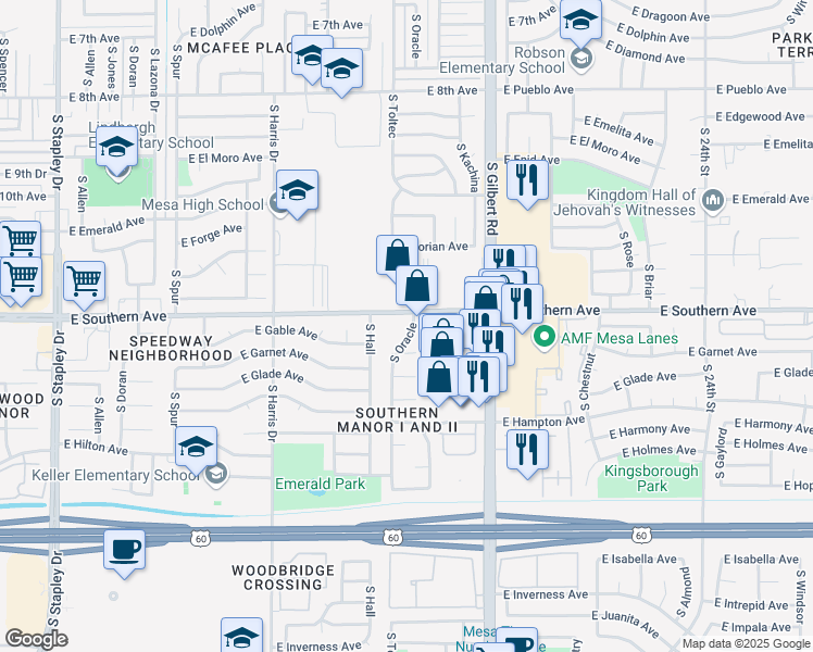 map of restaurants, bars, coffee shops, grocery stores, and more near 1819 East Southern Avenue in Mesa