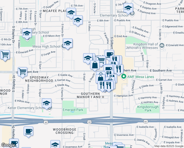 map of restaurants, bars, coffee shops, grocery stores, and more near 1819 East Southern Avenue in Mesa