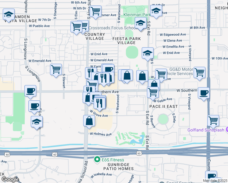 map of restaurants, bars, coffee shops, grocery stores, and more near 1015 West Southern Avenue in Mesa
