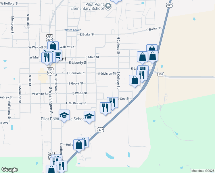 map of restaurants, bars, coffee shops, grocery stores, and more near 550 E Thomas St in Pilot Point