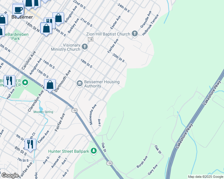 map of restaurants, bars, coffee shops, grocery stores, and more near 1711 Holbrook Avenue in Bessemer