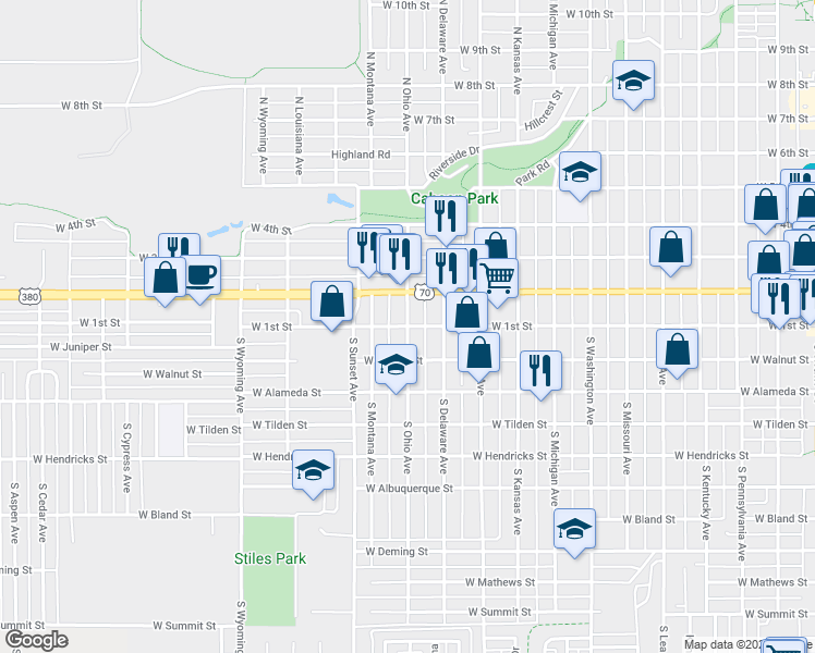 map of restaurants, bars, coffee shops, grocery stores, and more near West 1st Street in Roswell