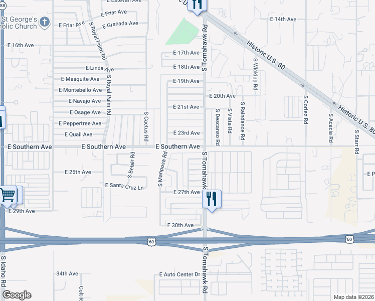 map of restaurants, bars, coffee shops, grocery stores, and more near 1461 East Southern Avenue in Apache Junction