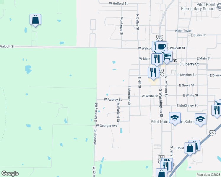 map of restaurants, bars, coffee shops, grocery stores, and more near 642 West Aubrey Street in Pilot Point