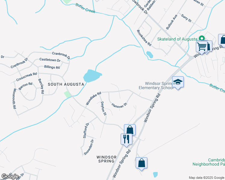 map of restaurants, bars, coffee shops, grocery stores, and more near 3547 Woodlake Road in Hephzibah