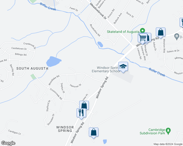 map of restaurants, bars, coffee shops, grocery stores, and more near 3521 Walsham Court in Hephzibah