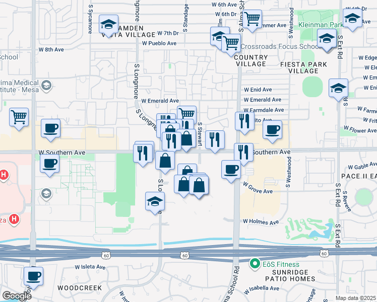 map of restaurants, bars, coffee shops, grocery stores, and more near 1356 West Southern Avenue in Mesa