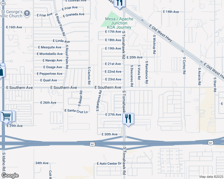 map of restaurants, bars, coffee shops, grocery stores, and more near 1409 East Southern Avenue in Apache Junction