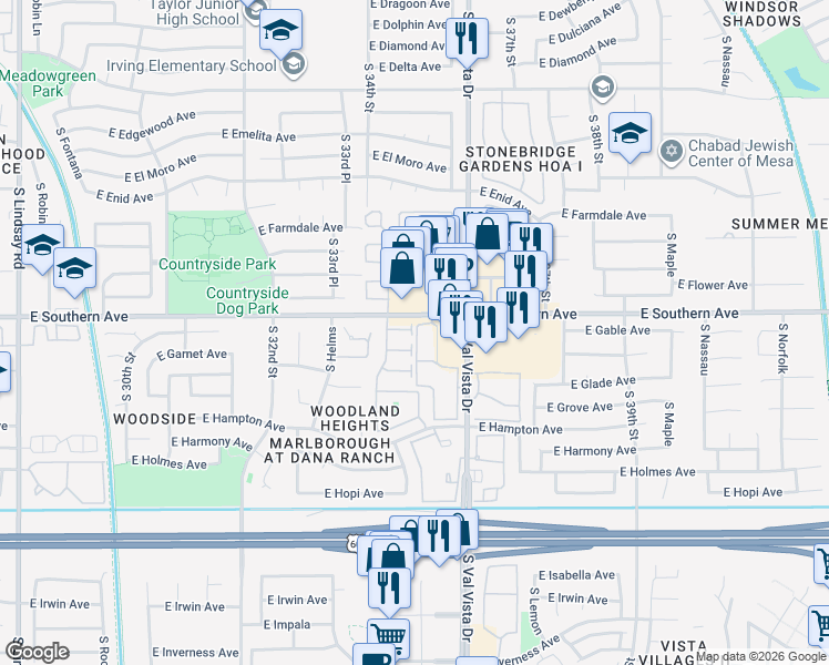 map of restaurants, bars, coffee shops, grocery stores, and more near 1320 South Val Vista Drive in Mesa