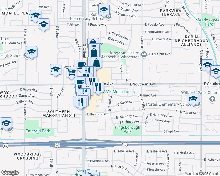 map of restaurants, bars, coffee shops, grocery stores, and more near 2151 East Southern Avenue in Mesa