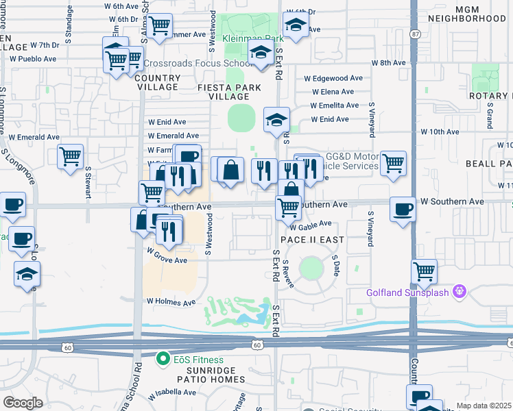 map of restaurants, bars, coffee shops, grocery stores, and more near 860 West Southern Avenue in Mesa