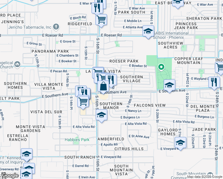 map of restaurants, bars, coffee shops, grocery stores, and more near 1644 East Southern Avenue in Phoenix