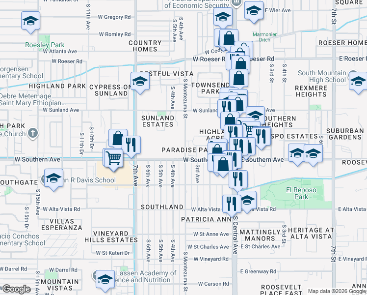 map of restaurants, bars, coffee shops, grocery stores, and more near 400 West Southern Avenue in Phoenix