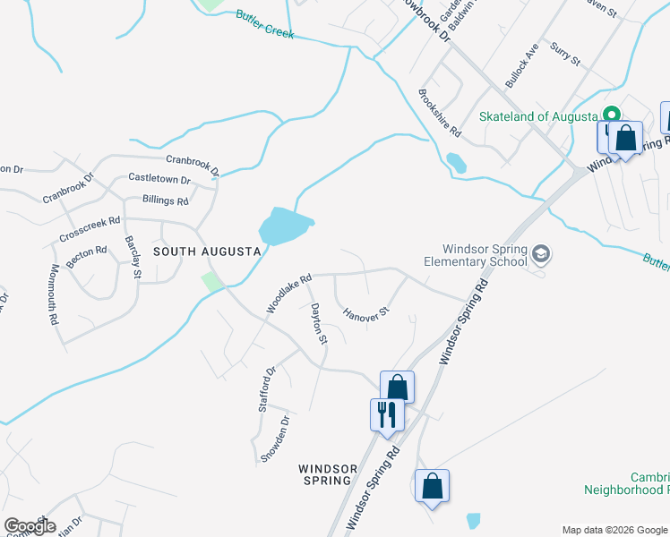 map of restaurants, bars, coffee shops, grocery stores, and more near 3547 Woodlake Road in Hephzibah