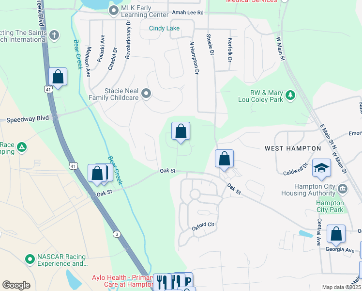 map of restaurants, bars, coffee shops, grocery stores, and more near 134 Oakchase Park Lane in Hampton