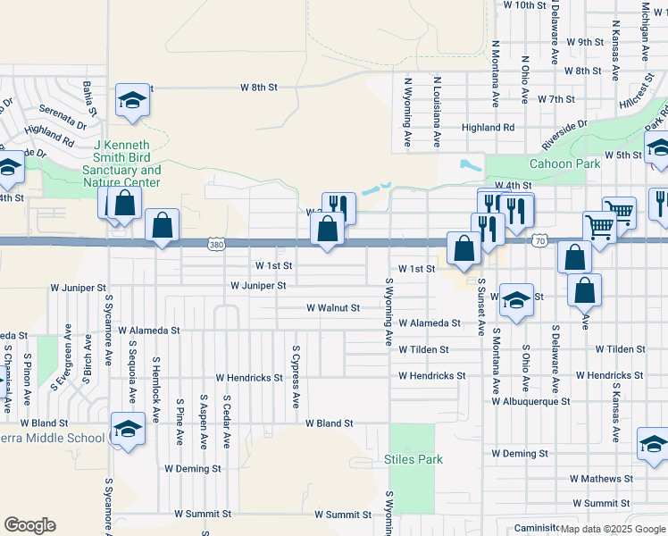 map of restaurants, bars, coffee shops, grocery stores, and more near 1704 West 1st Street in Roswell