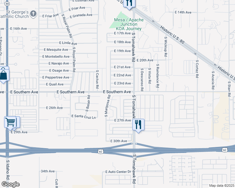 map of restaurants, bars, coffee shops, grocery stores, and more near 1409 East Southern Avenue in Apache Junction
