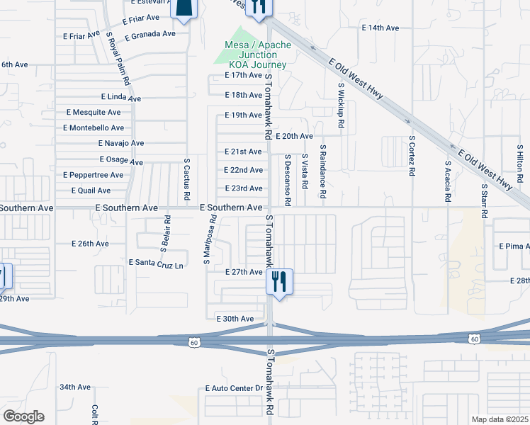 map of restaurants, bars, coffee shops, grocery stores, and more near 1581 East Southern Avenue in Apache Junction