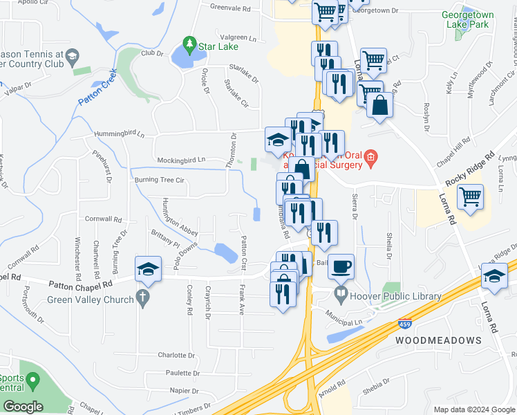 map of restaurants, bars, coffee shops, grocery stores, and more near 3330 Old Columbiana Road in Birmingham