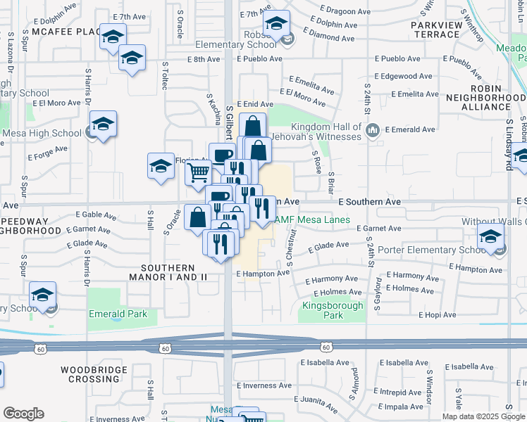 map of restaurants, bars, coffee shops, grocery stores, and more near 2105 East Southern Avenue in Mesa