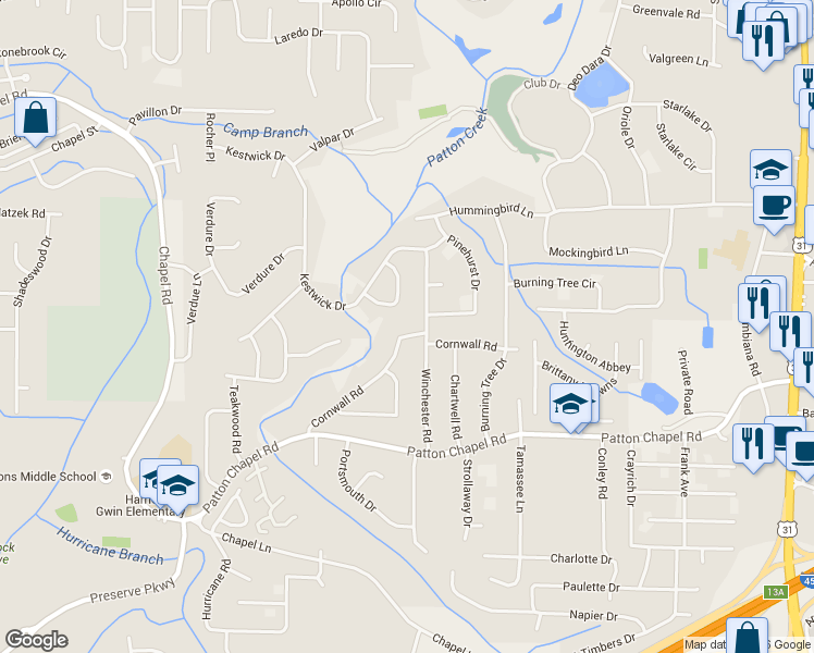 map of restaurants, bars, coffee shops, grocery stores, and more near 1790 Cornwall Road in Birmingham