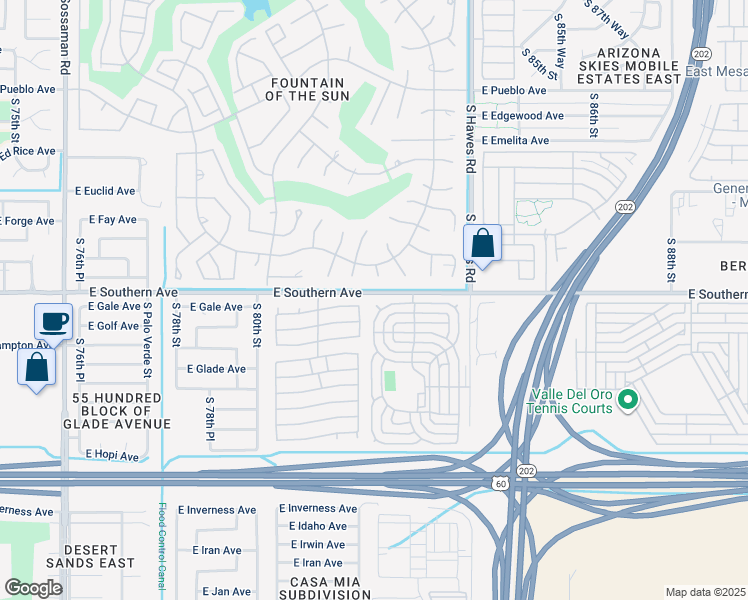 map of restaurants, bars, coffee shops, grocery stores, and more near 8265 East Southern Avenue in Mesa