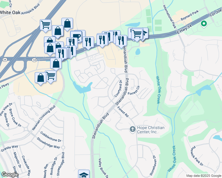 map of restaurants, bars, coffee shops, grocery stores, and more near 145 Courtyard Lane in Newnan