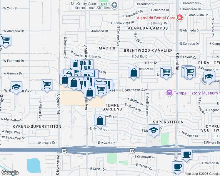 map of restaurants, bars, coffee shops, grocery stores, and more near in Tempe