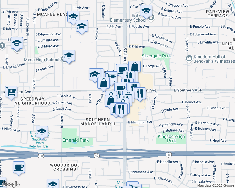 map of restaurants, bars, coffee shops, grocery stores, and more near 1953 East Southern Avenue in Mesa